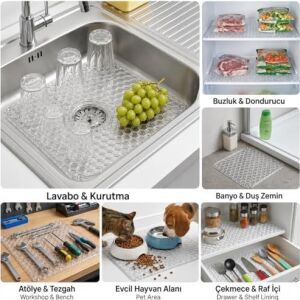 Lavabo Kurutma Matı 32X32 Cm, Şeffaf Petek Desenli Buzluk ve Dondurucu Raf Koruyucu, Çekmece Raf Içi Kaydırmaz Düzenleyici Mat, Banyo, Tezgah ve Evcil Hayvan Mama Alanı Için Çok Amaçlı Mat