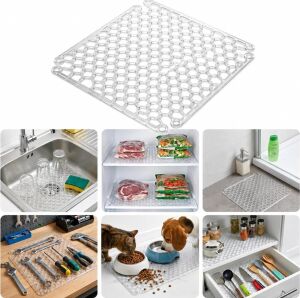 Lavabo Kurutma Matı 32X32 Cm, Şeffaf Petek Desenli Buzluk ve Dondurucu Raf Koruyucu, Çekmece Raf Içi Kaydırmaz Düzenleyici Mat, Banyo, Tezgah ve Evcil Hayvan Mama Alanı Için Çok Amaçlı Mat