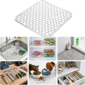 Lavabo Kurutma Matı 32X32 Cm, Şeffaf Petek Desenli Buzluk ve Dondurucu Raf Koruyucu, Çekmece Raf Içi Kaydırmaz Düzenleyici Mat, Banyo, Tezgah ve Evcil Hayvan Mama Alanı Için Çok Amaçlı Mat