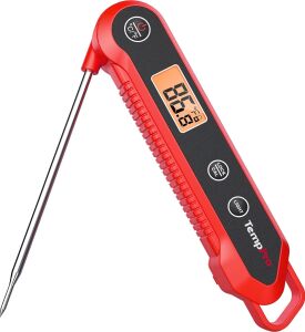 Temppro TP03H Ipx6 Su Geçirmez Katlanabilir Problu, Işıklı Ekranlı Profesyonel Dijital Et ve Gıda Pişirme Termometresi (Kırmızı)