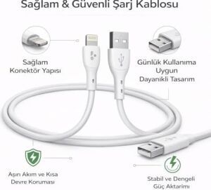 Lightning Uyumlu 1 Metre Şarj Kablosu | 3.0A Hızlı Şarj ve Veri Senkronizasyonu | Akıllı Devre Korumalı, Günlük Kullanıma Dayanıklı Tasarım