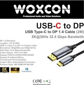 Usb-C To Display Port Cable, Dp1.4, USB 3.2 Standart, 8k 30Hz, 4K 120Hz Desteği, Thunderbolt 4, Thunderbolt 3, 2 Metre, En Yeni Model