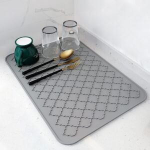 Aputue Bulaşık Yıkama Matı, 40X30 cm Silikon Mutfak Paspası, Kolay Temizlenen Bulaşık Kurutma Matı, Isıya Dayanıklı Sıcak Tencere Altlığı, Tezgah Veya Lavabo Için, Buzdolabı ve Çekmece Astarı (Gri)