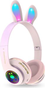 Tavşan Kulaklı Bluetooth Kulaklık, Renkli LED Işıklı, 5.0 Versiyon, Ayarlanabilir Büyüklük, Hafıza Kart Girişli, 40MM Kulaklık, 6 Saat Kullanım Süresi, Bass Tiz Müthiş Ses (Toz Pembe)