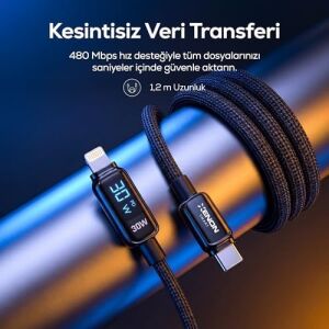 Xenon Smart Type-C To Lightning iPhone Şarj Kablosu | 30W Pd Hızlı Şarj 2m LED Örgü 480MBPS X6427