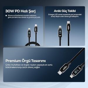 Xenon Smart Type-C To Lightning iPhone Şarj Kablosu | 30W Pd Hızlı Şarj 2m LED Örgü 480MBPS X6427