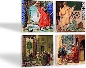 Satranç Oyunu, Kaplumbağa Terbiyecisi, Iki Müzisyen Kız, Göreme Halı Tüccarı Taş Bardak Altlığı Seti - 4 Parça - Dekoratif, Rustik Mutfak Aksesuarı, 10X10 Cm, Kaydırmaz Tabanlı SC141