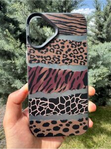 iPhone 16 ile Uyumlu Kılıf Leopar Desenli Kahverengi Çizgili Metalik Hassas Tuş Butonlu Kamera Kenarları Yükseltilmiş Çıkıntılı Korumalı Arka Kapak