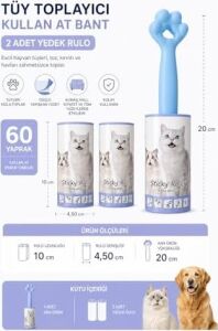 Kedi Patili Tüy Toplayıcı Sticky Roller Seti – 60 Yapraklı Güçlü Yapışkanlı Kullan At Bant + 2 Adet Yedek Rulo – Evcil Hayvan Tüyü, Toz ve Kıl Temizleyici Pratik Rulo (Mavi)