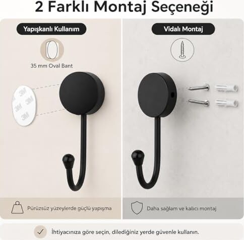 Lotus Siyah Tekli Askılık, Yapışkanlı ve Vidalı Montajlı Duvar Askısı, Mat Siyah Statik Boyama, Banyo Mutfak ve Antre Için Çok Amaçlı Askı