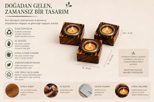 Bfastore El Yapımı Ahşap Tealight Mumluk Seti, Ileri Dönüşüm Ahşap, Metal Hazneli, Rustik Dekoratif Tasarım, Masa ve Salon Dekoru, Şık Hediye Seçeneği (3'lü Set)