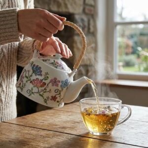 Porselen Çini Piraye Demlik - Bambu/hasır Saplı, Ateşe Dayanıklı Nostaljik Bitki Çayı ve Çay Demliği (900 ml - 2 Farklı Desen Seçeneği) (Pıraye)