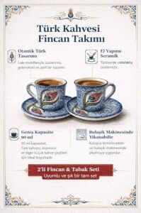 Türk Kahvesi Fincan Takımı El Yapımı Seramik – Lale Motifli, 2 Kişilik Fincan ve Tabak Seti, Geleneksel ve Şık Tasarım