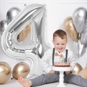 Xesha 4 Rakamı Doğum Günü Balonu Yaş Günü Gümüş Renk Uçan Balon 102 cm Doğum Günü ve Parti Dekorasyonu Büyük Boy Folyo Helyum Uçan Balon Yaş 4 Sayısı