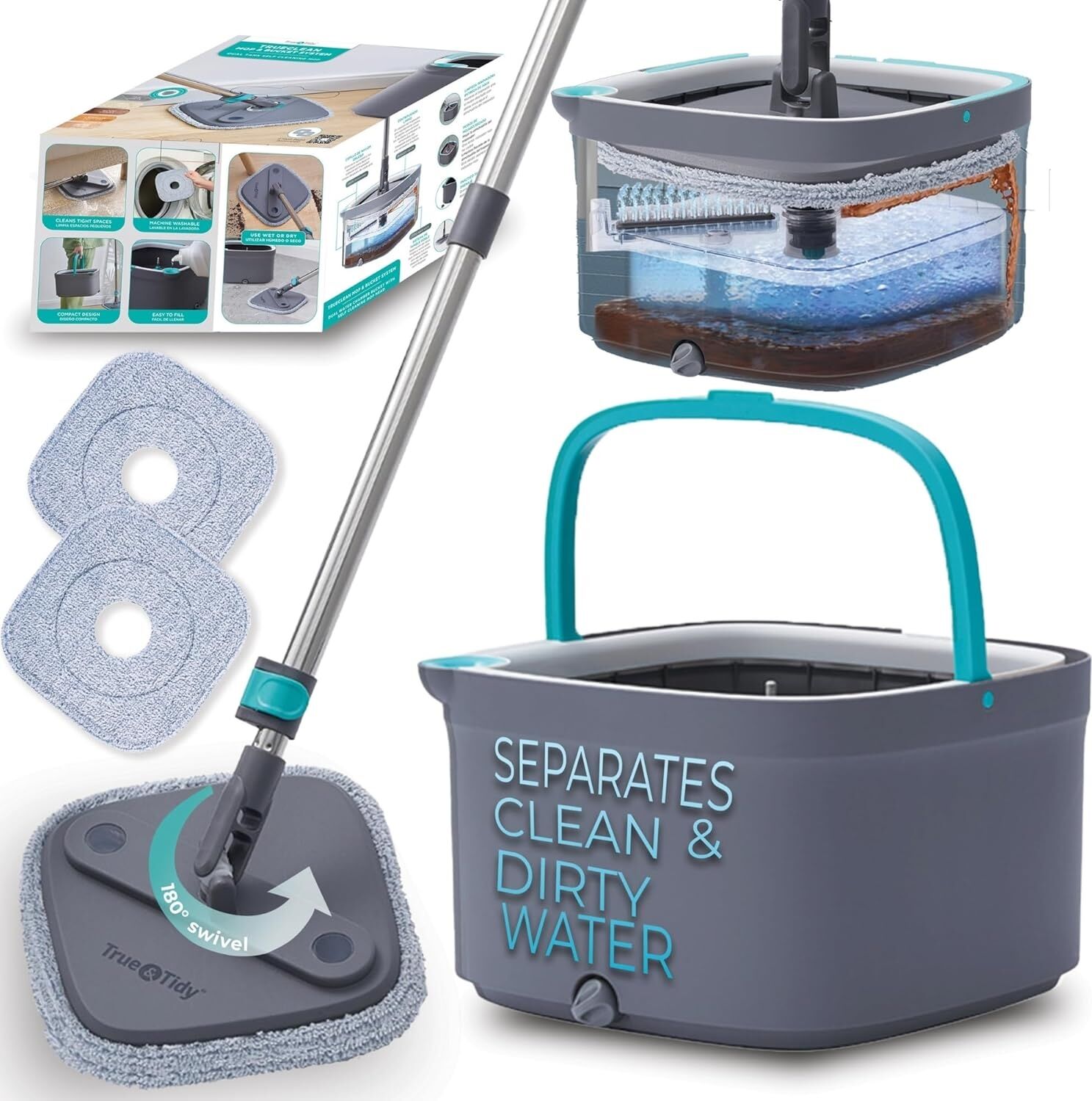 True & Tidy True Clean Paspas ve Kova Sistemi, Kare Döndürmeli Paspas, Çift Bölmeli Paspas Kovası ve 2 Kalın Makinede Yıkanabilir Paspas Pedleri (Spin Mop) Içerir