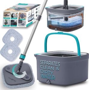 True & Tidy True Clean Paspas ve Kova Sistemi, Kare Döndürmeli Paspas, Çift Bölmeli Paspas Kovası ve 2 Kalın Makinede Yıkanabilir Paspas Pedleri (Spin Mop) Içerir