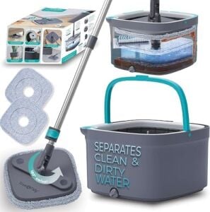 True & Tidy True Clean Paspas ve Kova Sistemi, Kare Döndürmeli Paspas, Çift Bölmeli Paspas Kovası ve 2 Kalın Makinede Yıkanabilir Paspas Pedleri (Spin Mop) Içerir