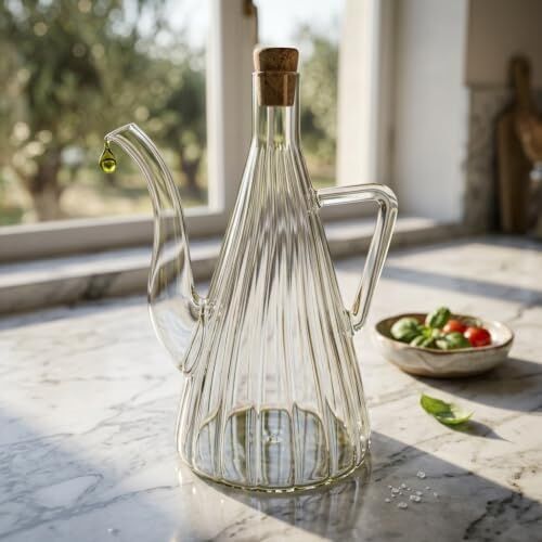 500 ml Akasya Ahşap Kapaklı Borosilikat Cam Yağlık ve Sirkelik - Düz ve Çizgili Desen Seçenekleriyle Şık Konik Tasarımlı Cam Kulplu Damlatmaz Mutfak Gereci (Çizgili)