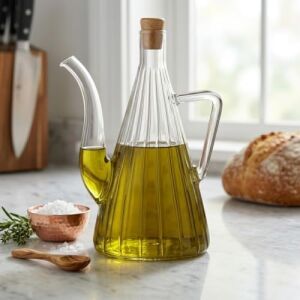 500 ml Akasya Ahşap Kapaklı Borosilikat Cam Yağlık ve Sirkelik - Düz ve Çizgili Desen Seçenekleriyle Şık Konik Tasarımlı Cam Kulplu Damlatmaz Mutfak Gereci (Çizgili)