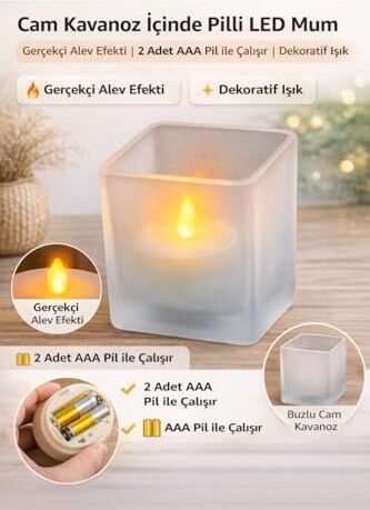 Cam Kavanoz Içinde Pilli LED Mum | Gerçekçi Alev Efekti | 2x Aaa Pil ile Çalışır (Piller Dahil Değildir) | Dekoratif ve Güvenli Işık