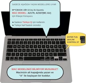 Türkçe Q Klavye Koruyucu MacBook Air 13 A1932 A2179 A2337 M1 Uyumlu | Uk Iso Ters L Enter | Ultra Ince Silikon Keyboard Cover Siyah