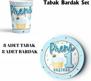 Prens 1 Yaşında Parti Sofra Takımı, 8 Kişilik, Mavi-Altın Renk, 8 Tabak ve 8 Bardak