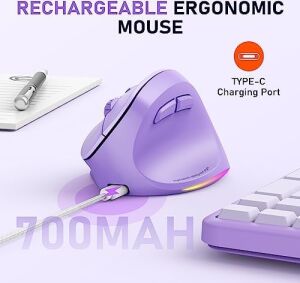 Meetıon Ergonomik Fare, Kablosuz Dikey Fare Rgb Arkadan Aydınlatmalı Şarj Edilebilir Fare, Bluetooth (5.2 + 3.0) ve Usb-A Usb-C Adaptörlü 4 Ayarlanabilir Dpı Uyumlu Mac/windows/andriod/pc/tablet/ipad