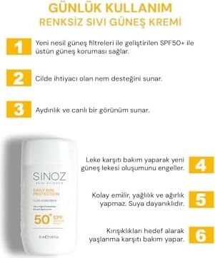 SINOZSPF50+ Günlük Kullanım Sıvı Yüz Güneş Kremi 50ML - Yeni Nesil Güneş Filtreleri- Hibrit Formül-Pa++++