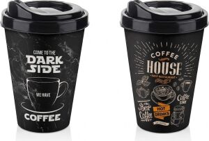2'li Coffee House Desenli Kahve Bardağı Takımı (2 x 400 Ml) - Kahverengi Pipet Girişli Kapaklı Içecek Bardağı Paketi