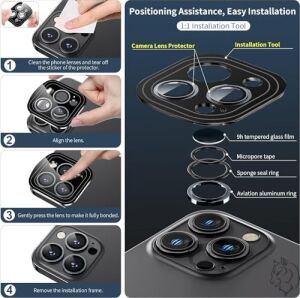 iPhone 14 Pro / 14 Pro Max / 15 Pro / 15 Pro Max Safir Premıum Kamera Lens Koruyucu, [orijinal Tasarım] Çizilmez 9h Temperli Cam Kamera Ekran Koruyucu, Metal Lens, Siyah