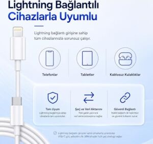 Type-C To Lightning Şarj Kablosu 1 Metre, 30W Hızlı Şarj ve Veri Aktarımı, Güçlendirilmiş Konektör Ucu, Lightning Girişli Cihazlarla Uyumlu, Beyaz Sarj Kablosu Yeni Nesil