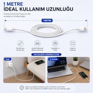 Type-C To Lightning Şarj Kablosu 1 Metre, 30W Hızlı Şarj ve Veri Aktarımı, Güçlendirilmiş Konektör Ucu, Lightning Girişli Cihazlarla Uyumlu, Beyaz Sarj Kablosu Yeni Nesil