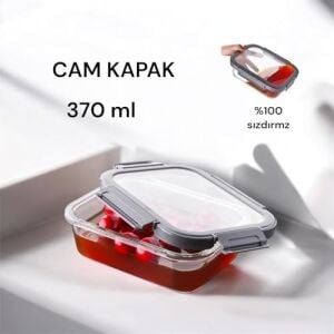 1 Adet 370 ml Borosilikat Cam Saklama Kabı - 4 Klipsli Kilitli Bambu Kapaklı Sızdırmaz Vakumlu Dikdörtgen Beslenme ve Erzak Kabı Isıya Dayanıklı Küçük Boy Porsiyonluk Kutu