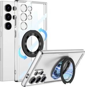 Galaxy S24 ile Uyumlu Yüzük Aparatlı 360° Dönebilen Stand Özellilki Magsafe ile Uyumlu Çift Katmanlı 2mm Kamera Koruma Yüksek Kalite Glamour Galaxy S24 Kapak Şeffaf
