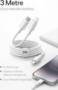 Yk Desıgn Iphone Uyumlu Usb-C To Lightning Şarj ve Data Kablosu, Beyaz 3m