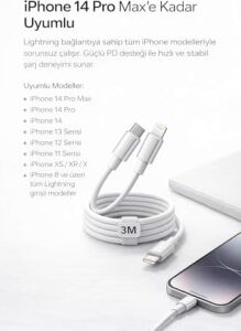Yk Desıgn Iphone Uyumlu Usb-C To Lightning Şarj ve Data Kablosu, Beyaz 3m