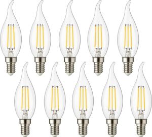 4W E14 Kıvrık LED Mum Ampul – 35W Eşdeğer, 3000K Günışığı, 400 Lümen, 220-240V, Şeffaf Cam Filament, 10’lu Paket