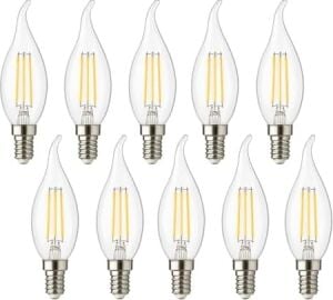 4W E14 Kıvrık LED Mum Ampul – 35W Eşdeğer, 3000K Günışığı, 400 Lümen, 220-240V, Şeffaf Cam Filament, 10’lu Paket