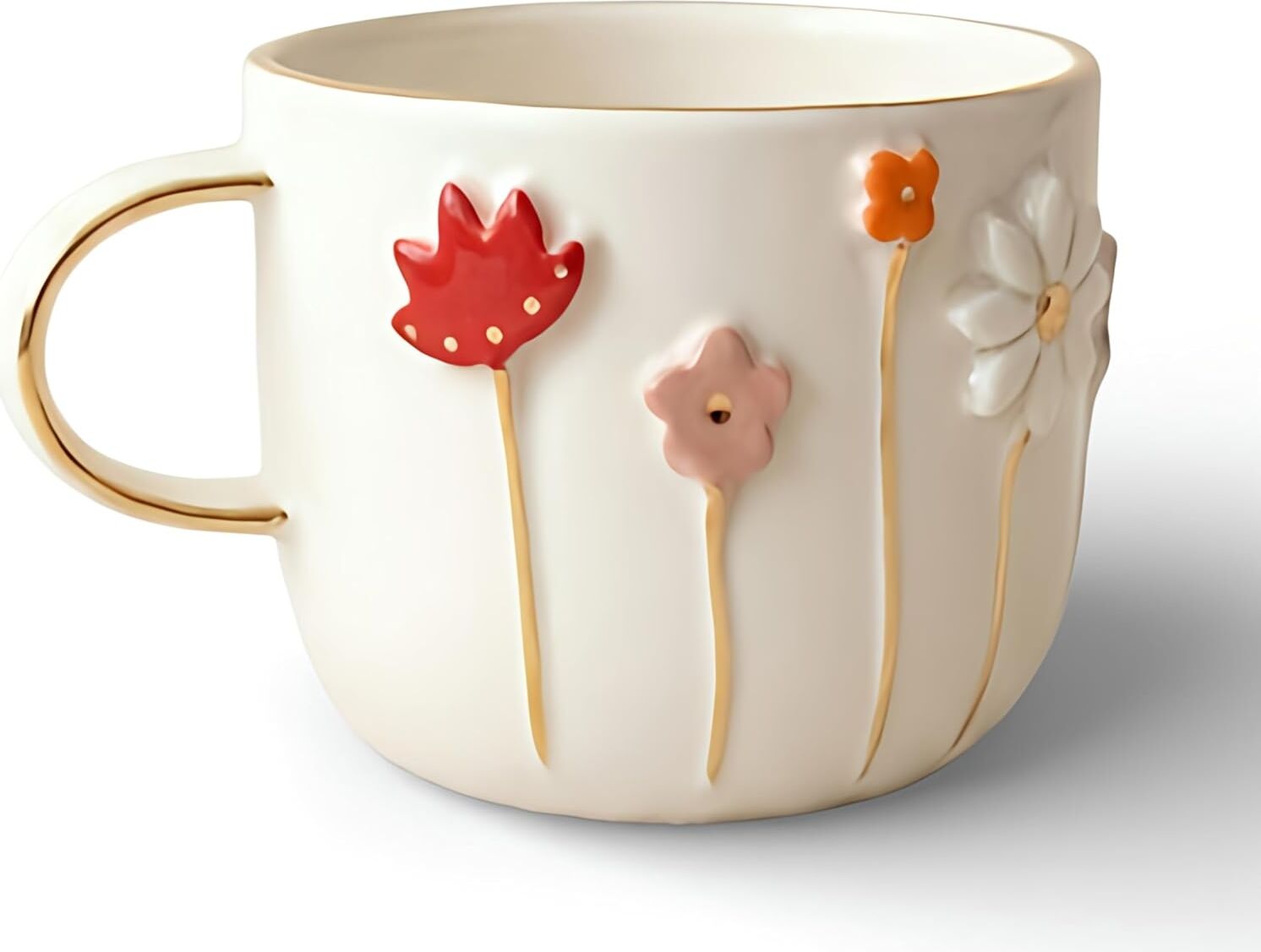 Dearmoon House El Yapımı Seramik Mug, 24 Karat Gerçek Altın Bezemeli, Çiçek Desenli, Atlı Karınca Kutulu, Hediye Seti, Lüks Kupa,
