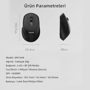 SPK7448 Bluetooth 5.2 ve 2.4ghz 1600DPI Sessiz Optik Kablosuz Mouse Siyah