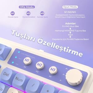 Aula S99 Retro Rgb Gaming 3 Modlu Bluetooth/2.4ghz/usb-C Kablosuz Makrolu Türkçe Q Klavye Mavi
