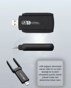 Yüksek Hızlı 1200 Mbps Çift Bant USB Wifi Adaptör – Güçlü Sinyal, Geniş Uyumluluk