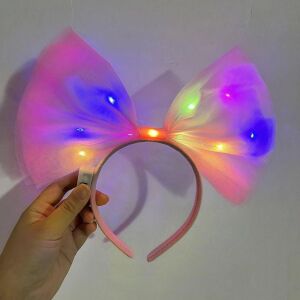 Rengarenk LED Işıklı Fiyonk Şekilli Tül Parti Tacı Pembe Renk 25X25 cm