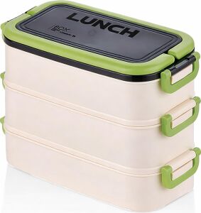 3 Katlı Taşınabilir Yemek Kabı,  Lunch Box, Diyet Beslenme Kutusu, Çatal Kaşık Dahil, Bpa Içermez 19 x 16,5 x 11,5 cm (Yeşil)