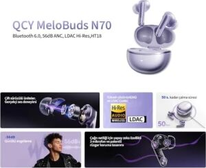 Qcy Melobuds N70, Bluetooth 5.2, Kulak Içi Kulaklık, Siyah, Hi-Res Audio, Ldac, 50DB Hibrit Anc, 50 Saat Pil Ömrü, Kablosuz Şarj