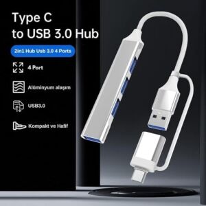 3360 USB 3.0 Type C Hub 4 Port Çoklayıcı Çoğaltıcı Çevirici Dönüştürücü Adaptör 2'si 1 Arada USB & Type-C 4 Portlu Hub USB Type-A & USB Type-C (Hibrit Tasarım) 5 Gbps (Usb 3.0 Destekli)