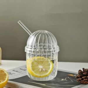 500ML Cam Kapaklı Pipetli Bardak, Kalın Çizgi Desenli Sıcak Soğuk Içecekler Için Kahve Meyve Suları, Çayları Için Brokosilikat Bpa Içermeyen Sağlıklı Ergonomik Şık Tasarım