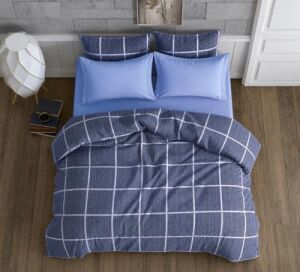 Lüks%80 Pamuklu Çift Kişilik Nevresim Takımı Seti Yorgan Kılıfı Mavi Lacivert Kare Beyaz Çizgi Desen 200X220 cm + Lastikli Battal Boy Çarşaf 180X200X30 cm +2 Yastık Kılıflı 50X70 cm
