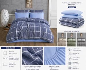 Lüks%80 Pamuklu Çift Kişilik Nevresim Takımı Seti Yorgan Kılıfı Mavi Lacivert Kare Beyaz Çizgi Desen 200X220 cm + Lastikli Battal Boy Çarşaf 180X200X30 cm +2 Yastık Kılıflı 50X70 cm