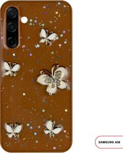 Kelebekli Taşlı Simli Kalpli Wish Silikon Telefon Kılıfı Kahverengi  Galaxy A36 ile Uyumlu